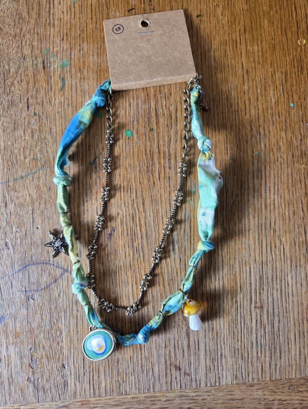 Earthbound Bohemian Evil Eye Blue Fabric Layered Necklace Charm Star Mushroom